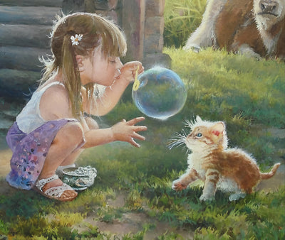 Blasendes Mädchen und Katze Diamond Painting