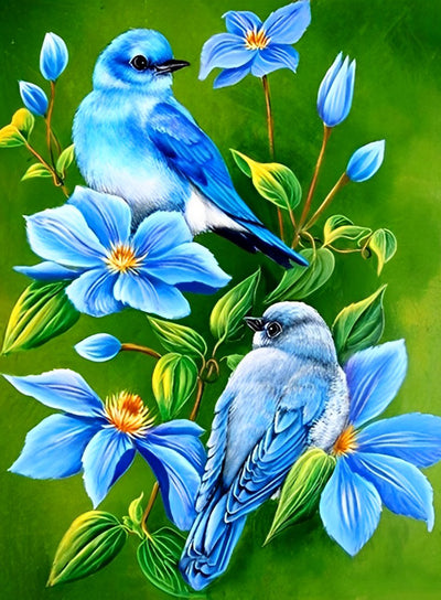 Blaue Blumen und Vögel Diamond Painting