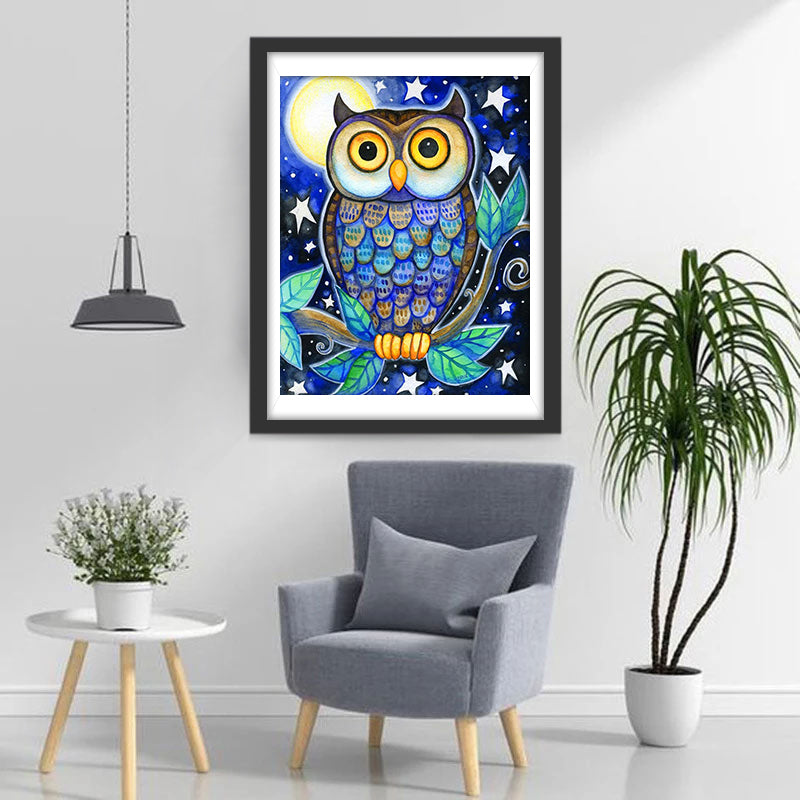 Blaue Eule, Sterne und Mond Diamond Painting