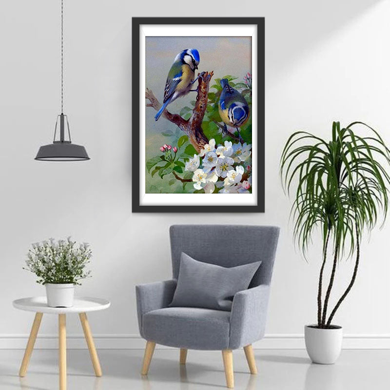 Blaue Meisen und weiße Blumen Diamond Painting