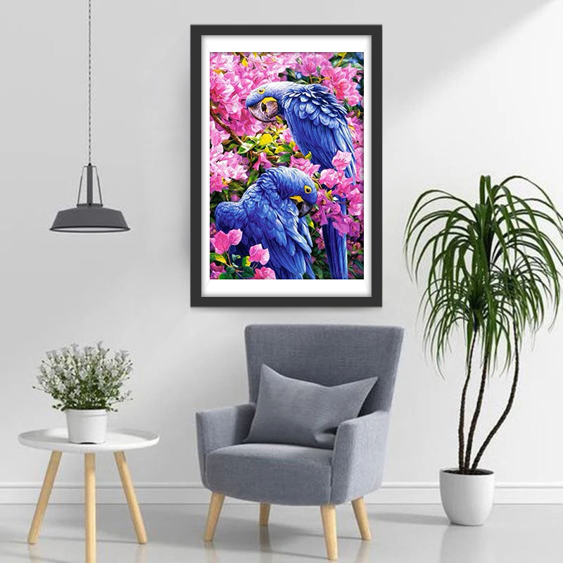 Blaue Papageien und rosa Blumen Diamond Painting