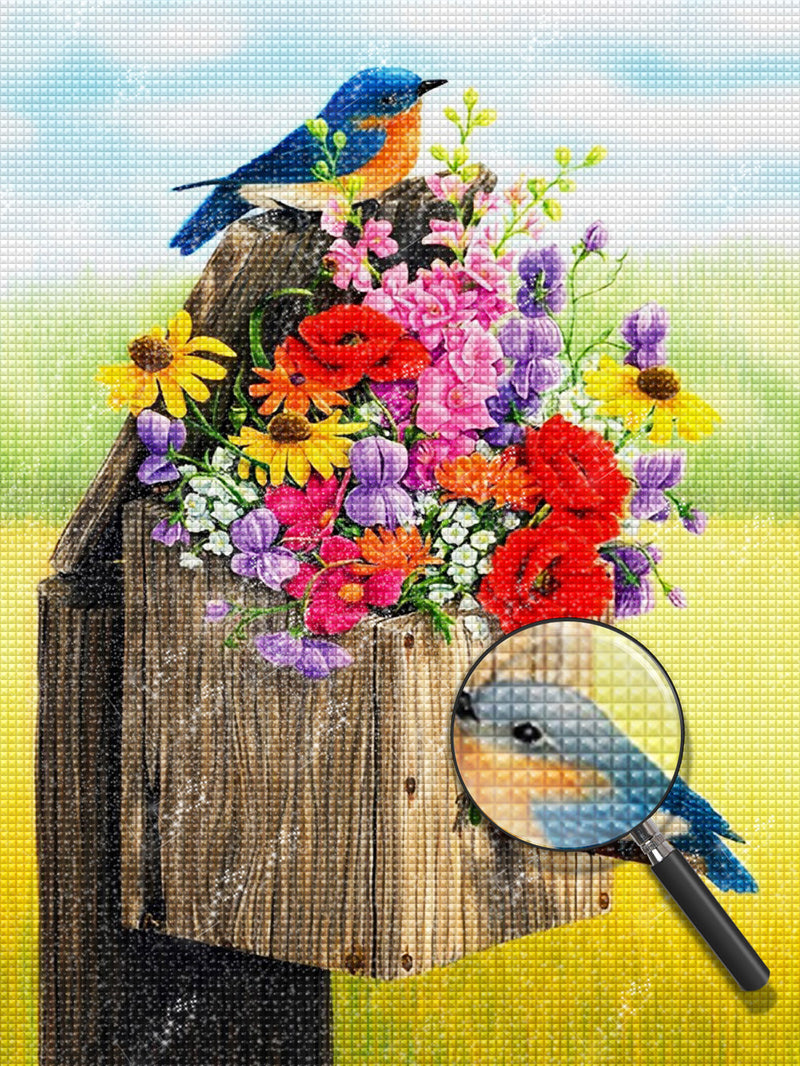 Blaue Vögel und Blumenstrauß Diamond Painting