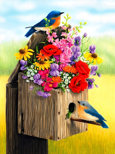 Blaue Vögel und Blumenstrauß Diamond Painting