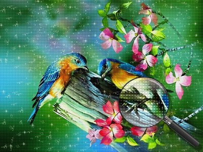 Blaue Vögel und Pfirsichblüten Diamond Painting