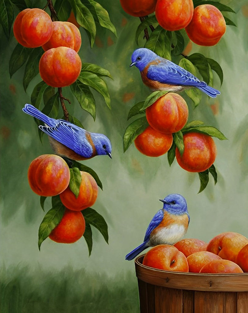 Blaue Vögel und Pfirsiche Diamond Painting