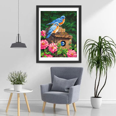 Blaue Vögel und rosa Blumen Diamond Painting