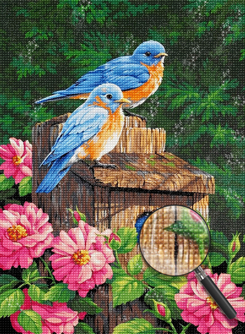 Blaue Vögel und rosa Blumen Diamond Painting