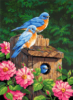 Blaue Vögel und rosa Blumen Diamond Painting