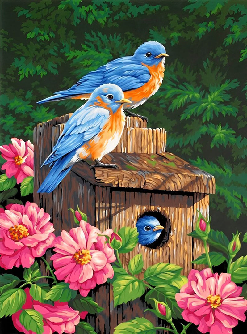 Blaue Vögel und rosa Blumen Diamond Painting