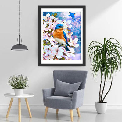 Blaue Vögel und weiße Blumen Diamond Painting