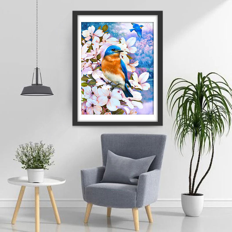 Blaue Vögel und weiße Blumen Diamond Painting