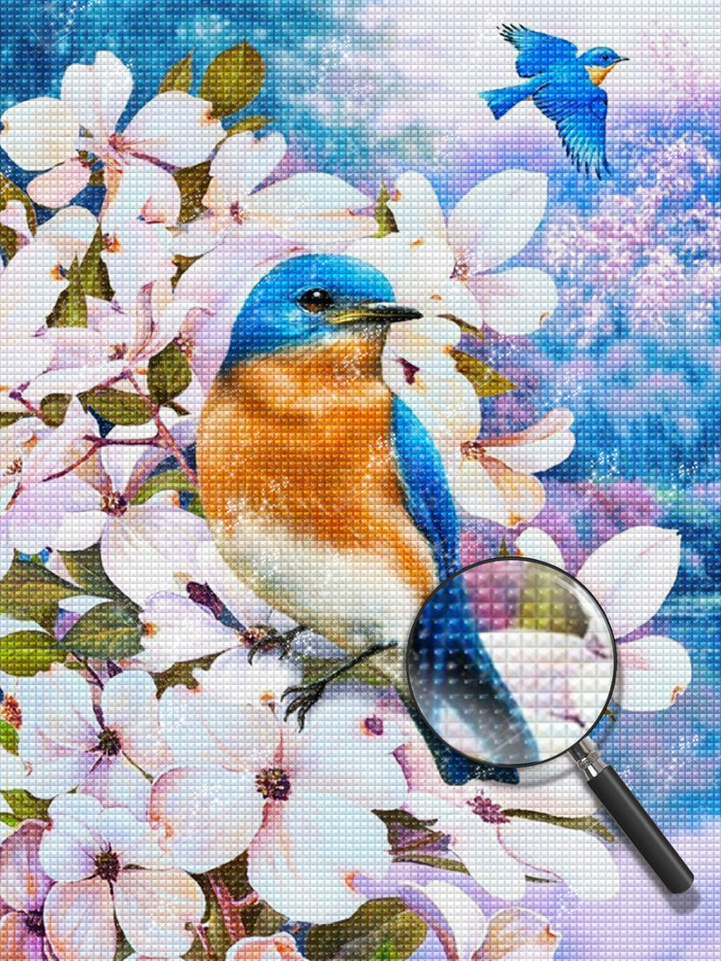 Blaue Vögel und weiße Blumen Diamond Painting