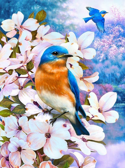 Blaue Vögel und weiße Blumen Diamond Painting