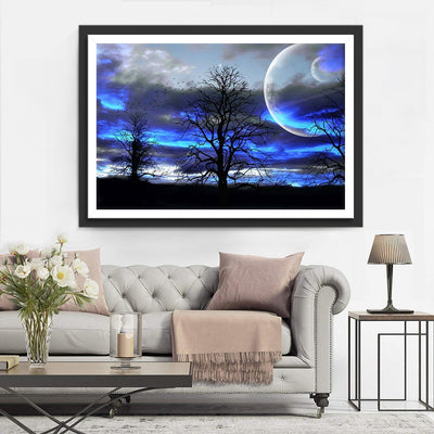 Blaue Wolken, Mond und Bäume Diamond Painting