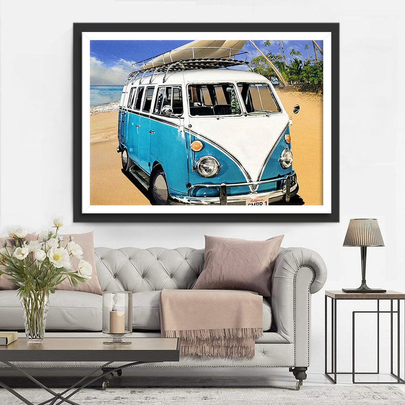 Blauer Bus am Strand Diamond Painting