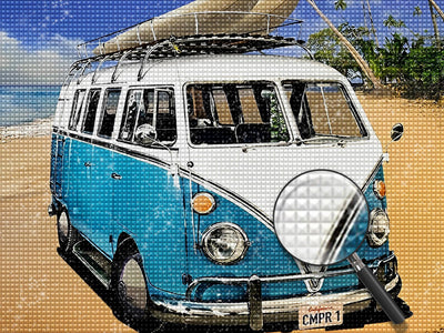 Blauer Bus am Strand Diamond Painting