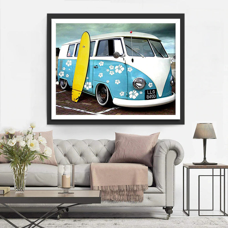 Blauer Bus und Surfbrett Diamond Painting