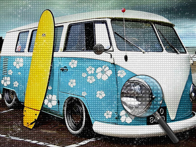 Blauer Bus und Surfbrett Diamond Painting