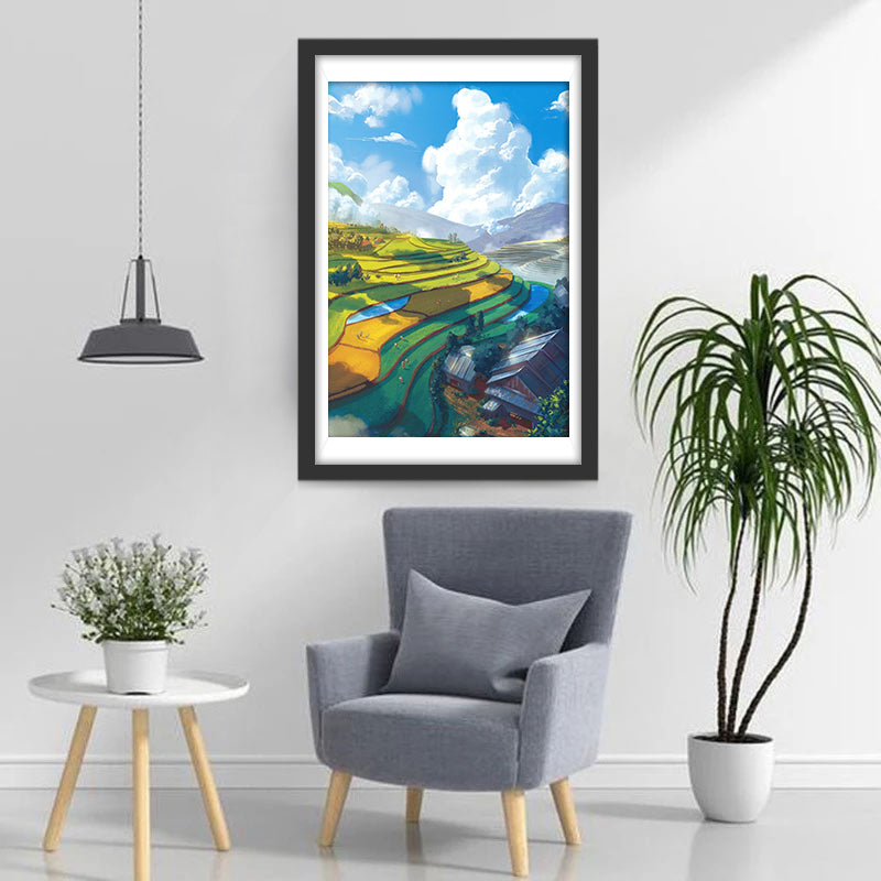 Blauer Himmel, weiße Wolken und grüne Terrasse Diamond Painting