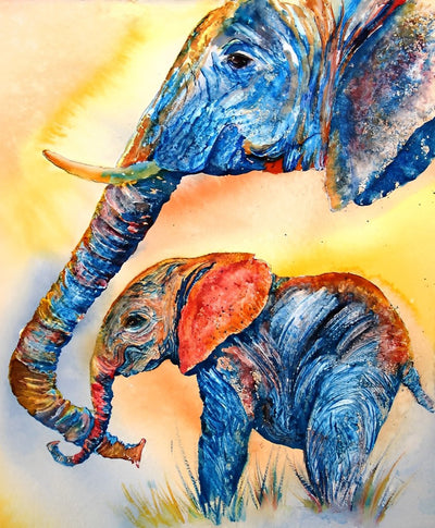 Blauer kleiner Elefant mit seiner Mutter Diamond Painting