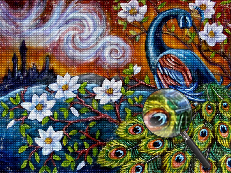 Blauer Pfau auf Magnolienbaum Diamond Painting