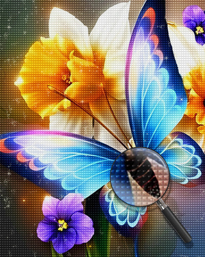 Blauer Schmetterling und Blumen Diamond Painting