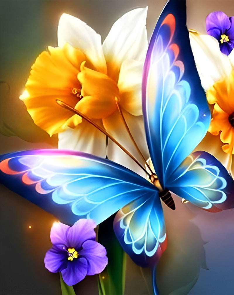 Blauer Schmetterling und Blumen Diamond Painting