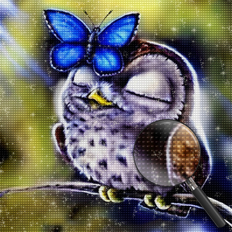 Blauer Schmetterling und Eule Diamond Painting