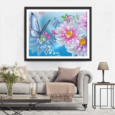 Blauer Schmetterling und rosa Blumen Diamond Painting