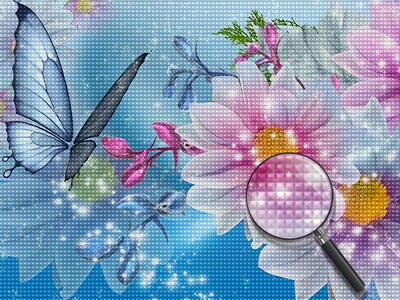 Blauer Schmetterling und rosa Blumen Diamond Painting