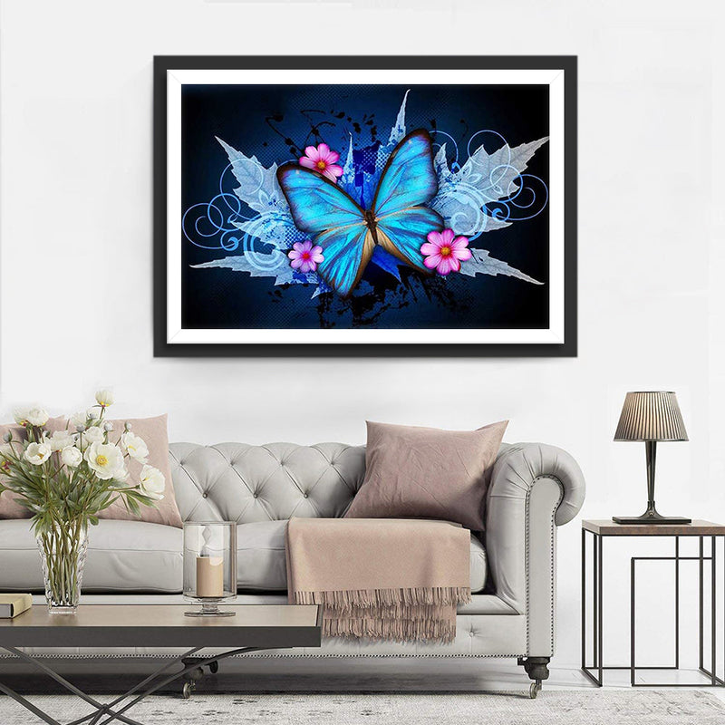 Blauer Schmetterling und rosa Blumen Diamond Painting