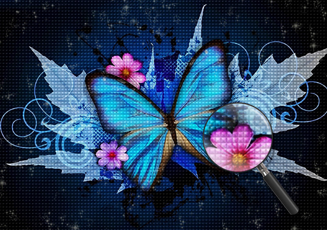 Blauer Schmetterling und rosa Blumen Diamond Painting