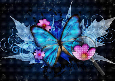 Blauer Schmetterling und rosa Blumen Diamond Painting