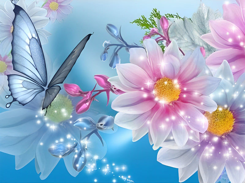 Blauer Schmetterling und rosa Blumen Diamond Painting