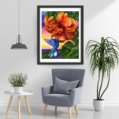 Blauer Vogel und orange Blume Diamond Painting