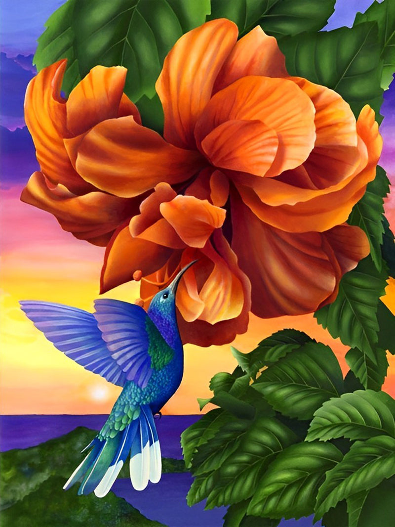 Blauer Vogel und orange Blume Diamond Painting