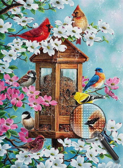 Blumen Vögel und Vogelhaus Diamond Painting