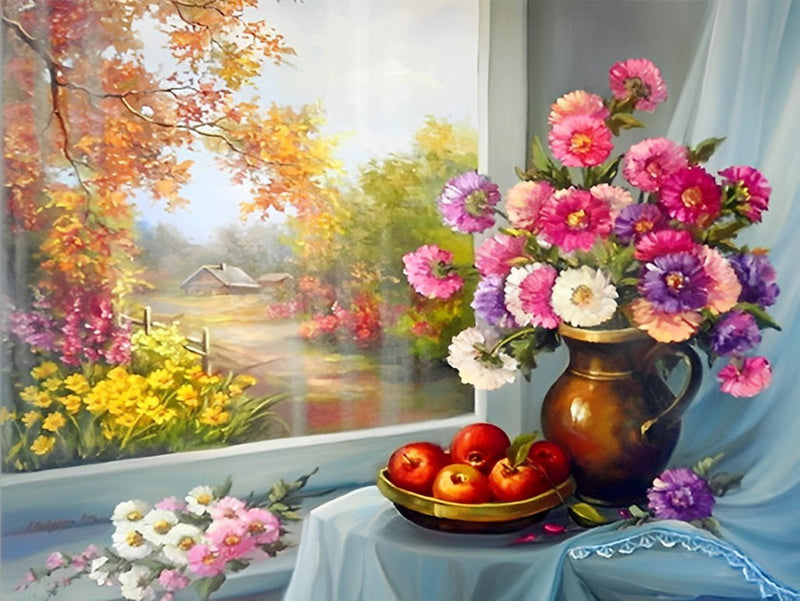 Blumenstrauß im Herbst am Fenster Diamond Painting