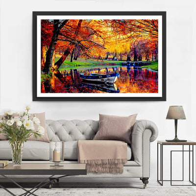 Boot auf dem See im Wald im Herbst Diamond Painting