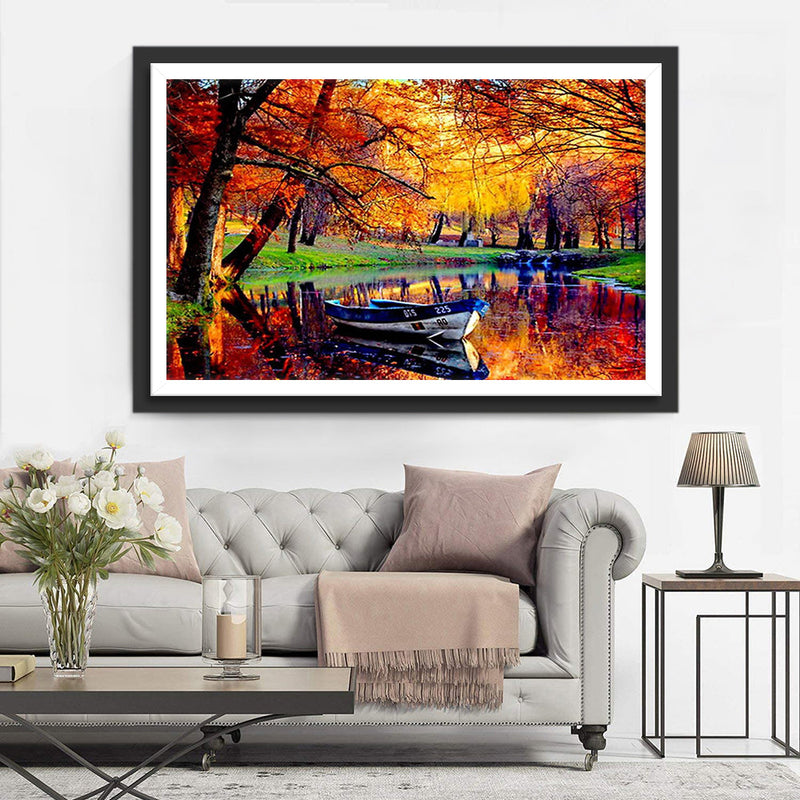 Boot auf dem See im Wald im Herbst Diamond Painting