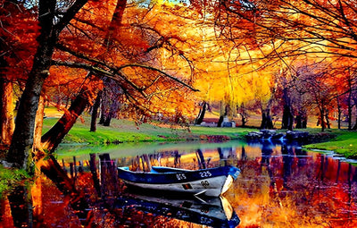 Boot auf dem See im Wald im Herbst Diamond Painting