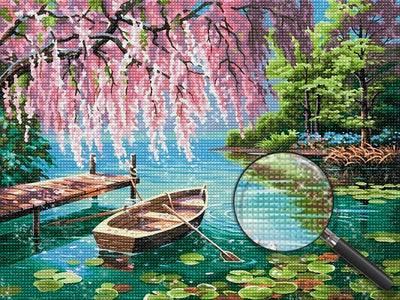 Boot auf dem See unter Kirschblüten Diamond Painting