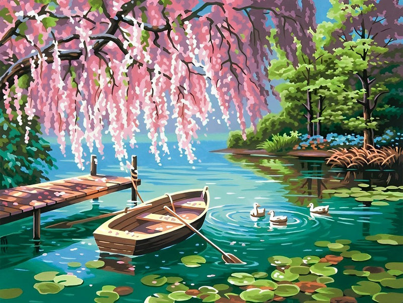 Boot auf dem See unter Kirschblüten Diamond Painting