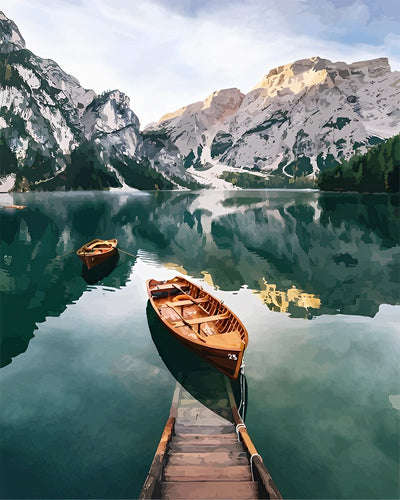 Boote auf dem See in den Bergen Diamond Painting