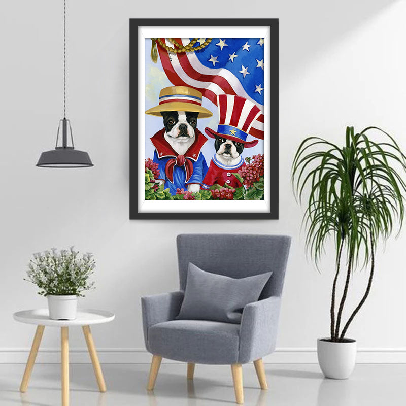 Boston Terrier (Hund) und Amerikas Flagge Diamond Painting