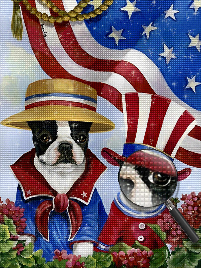 Boston Terrier (Hund) und Amerikas Flagge Diamond Painting