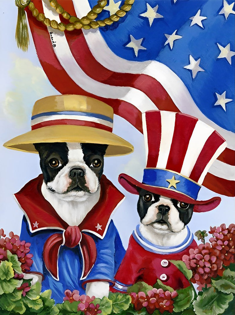 Boston Terrier (Hund) und Amerikas Flagge Diamond Painting