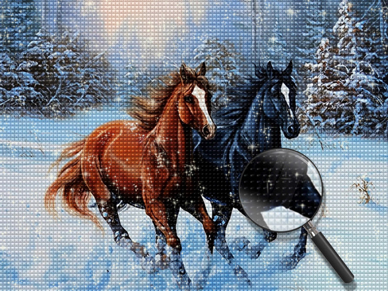 Braunes Pferd und schwarzes Pferd im Schnee Diamond Painting