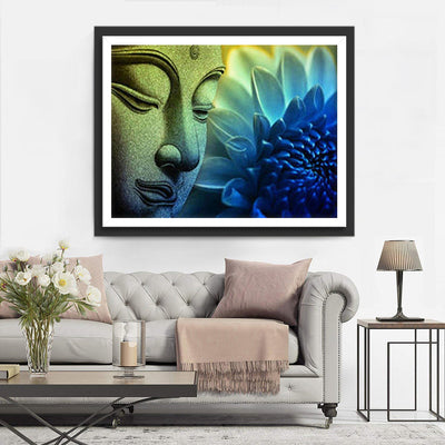 Buddhas Kopf und blaue Chrysantheme Diamond Painting