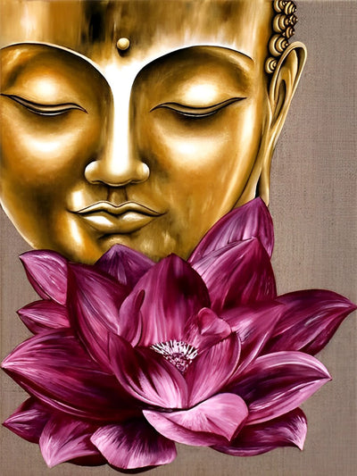 Buddhas Kopf und lila Lotus Diamond Painting